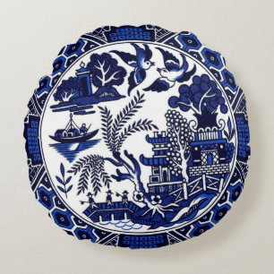 Blue & White China Blue Willow Design Round Pillow