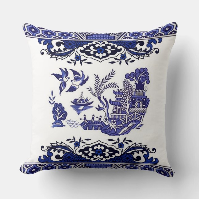 Blue & White China Blue Willow Design Throw Pillow (Front)