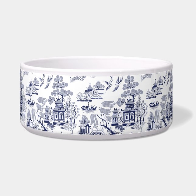 Blue & White China Blue Willow Dog Cat Bowl (Front)
