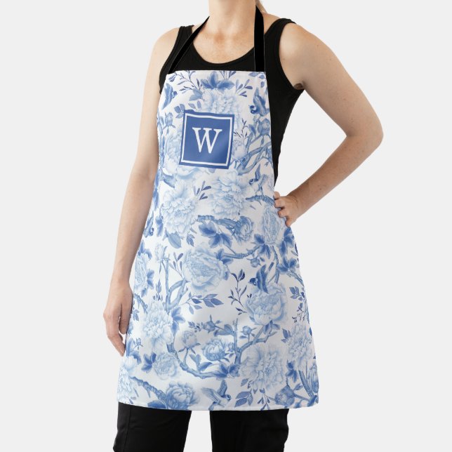Blue White Chinoiserie Bird Peony Garden Monogram Apron (Insitu)