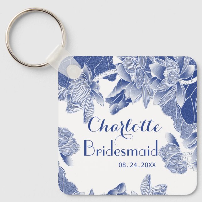 Blue White Chinoiserie Bridesmaid Wedding Favour Keychain (Front)