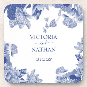 Blue White Chinoiserie Chic Floral Wedding  Coaster