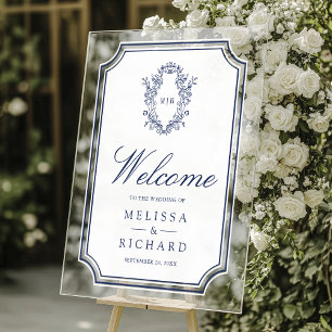 Blue White Chinoiserie Crest Wedding Welcome Acrylic Sign