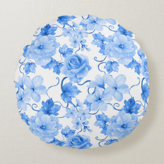 Blue & White Chinoiserie Floral Botanical Print Round Pillow