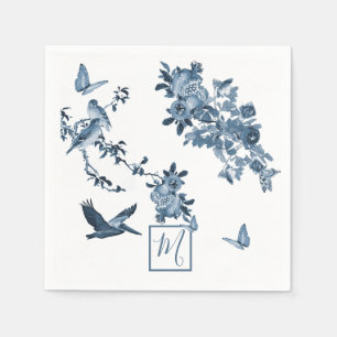 Blue White Chinoiserie Floral Chic Monogram Napkin