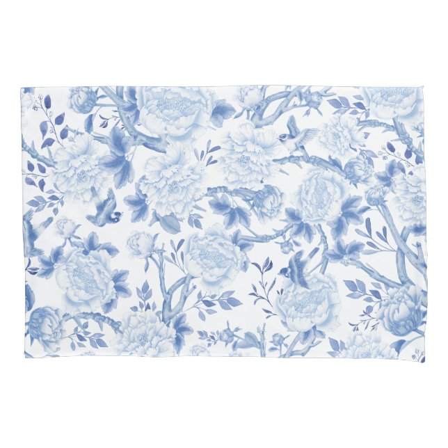 Blue White Chinoiserie Floral Garden Porcelain Pillowcase (Front)
