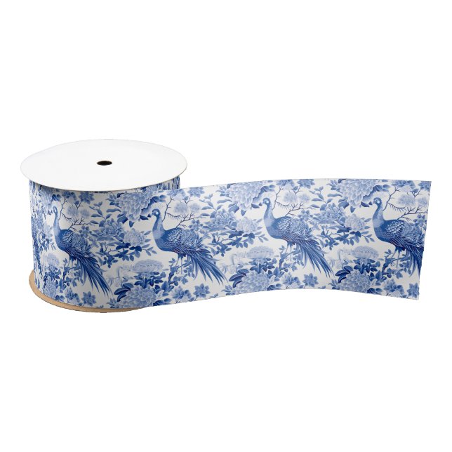 Blue White Chinoiserie Floral Peacock Birds Satin Ribbon (Spool)