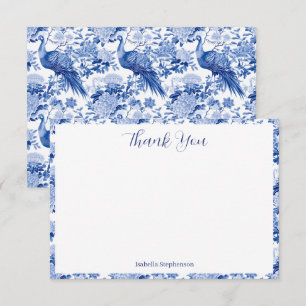 Blue White Chinoiserie Floral Peacock Birds Thank You Card