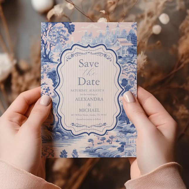 Blue White Chinoiserie Floral Porcelain Wedding Save The Date (Creator Uploaded)