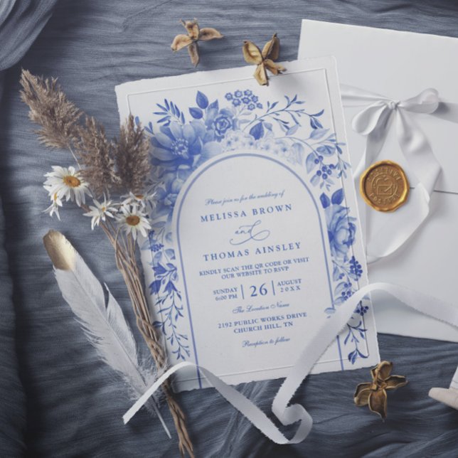 Blue White Chinoiserie Floral QR Code Wedding Invitation (Creator Uploaded)