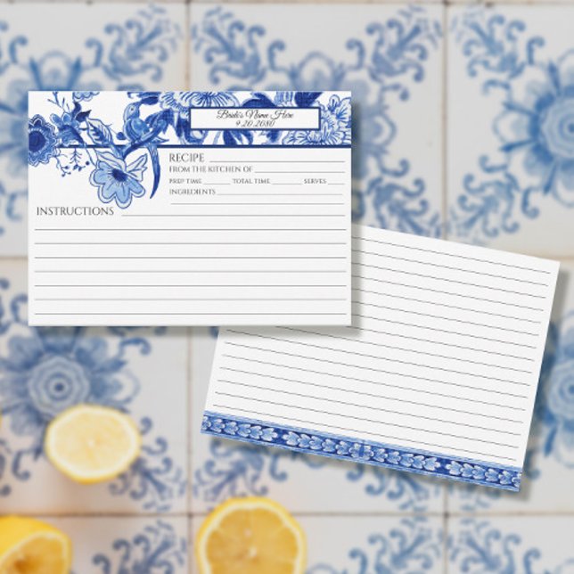 Blue White Chinoiserie Foliage Bird Bridal Recipe Invitation (Creator Uploaded)