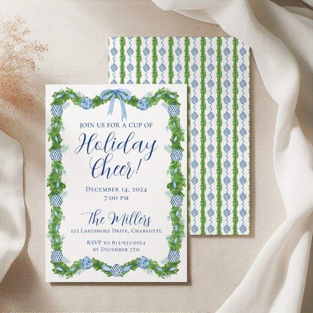 Blue & White Chinoiserie Garland Christmas Party Invitation (Creator Uploaded)
