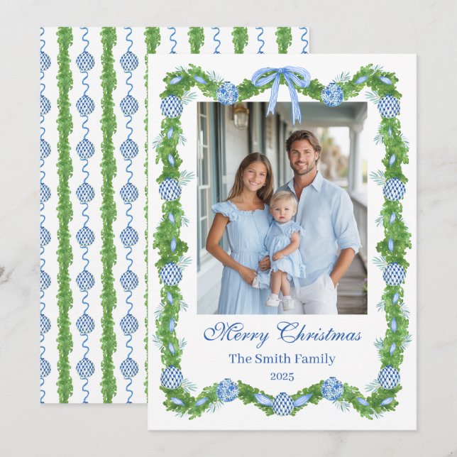 Blue & White Chinoiserie Garland Grandmillenial Holiday Card (Front/Back)