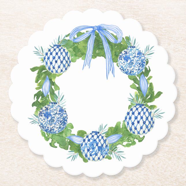 Blue & White Chinoiserie Grandmillenial Christmas  Paper Coaster (Front)