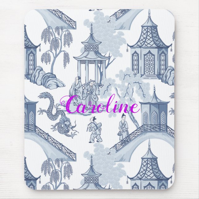 Blue & White Chinoiserie Pattern with Monogram   Mouse Pad (Front)