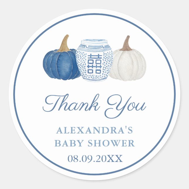 Blue & White Chinoiserie Pumpkin Shower Thank You  Classic Round Sticker (Front)