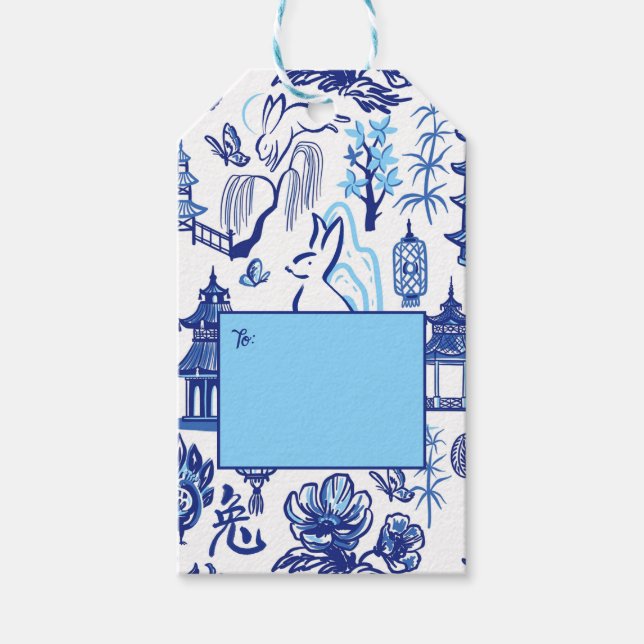 Blue & White Chinoiserie Rabbit Gift Tag (Front)