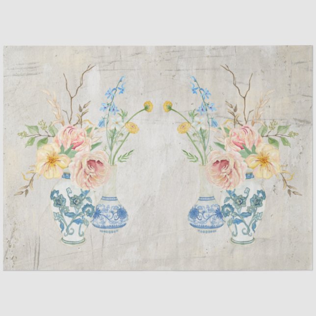 Blue White Chinoiserie Rose Peony Floral Bouquet Tissue Paper (Front)