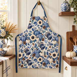 Blue White Chinoiserie Thanksgiving Turkey Floral Apron