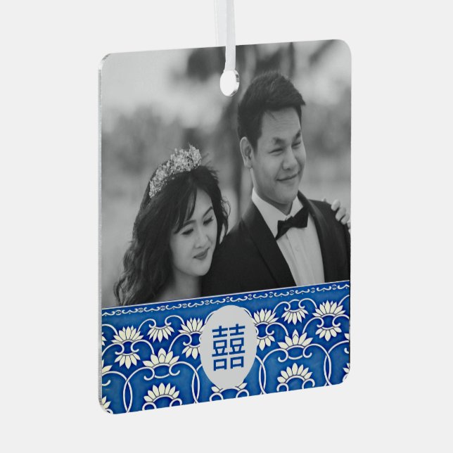 Blue & white  Chinoiserie -wedding   Metal Ornament (Front Right)