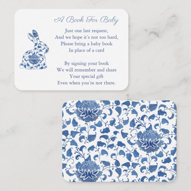 Blue White Chinoserie Bunny Books For Baby Shower Enclosure Card (Front/Back)