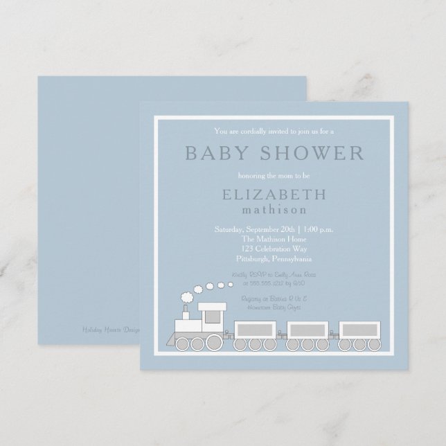 Blue | White Choo Choo Train Boy Baby Shower Invitation (Front/Back)