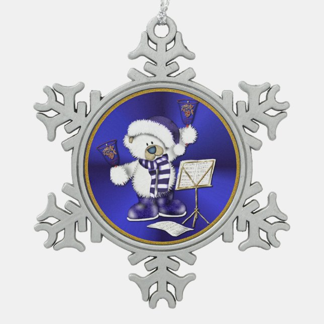 Blue & White Christmas Bear Snowflake Ornament (Front)