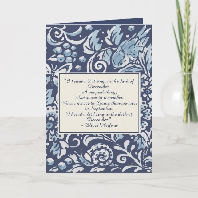 Blue, White Christmas Bird Winter Poem Delft Name Holiday Card (Front)