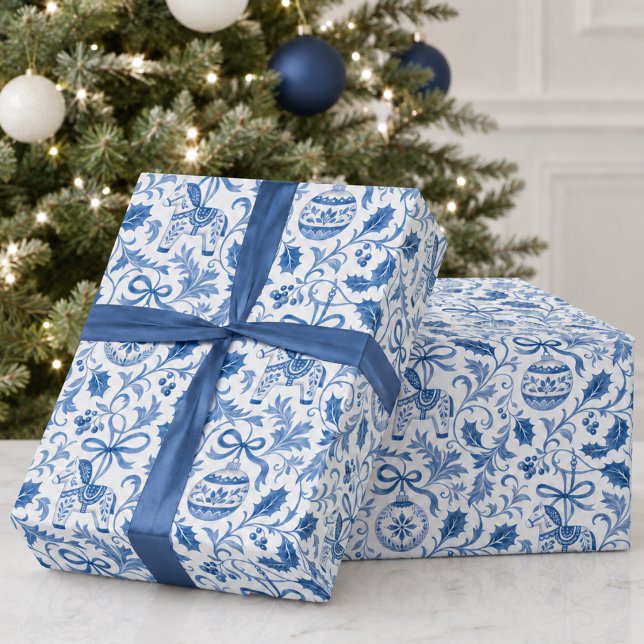 Blue White Christmas Holiday Pattern Wrapping Paper (elegant delft blue white christmas holiday scandinavian dala horse greenery ornaments wrapping paper)