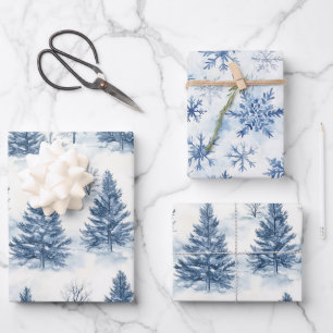 Blue White Christmas Pine Trees Snowflakes Wrapping Paper Sheet