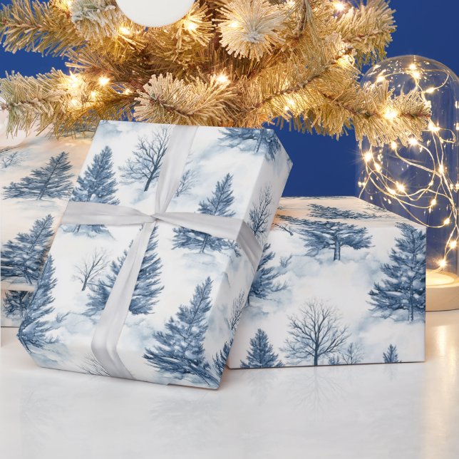 Blue White Christmas Pine Trees Wrapping Paper (Holidays)