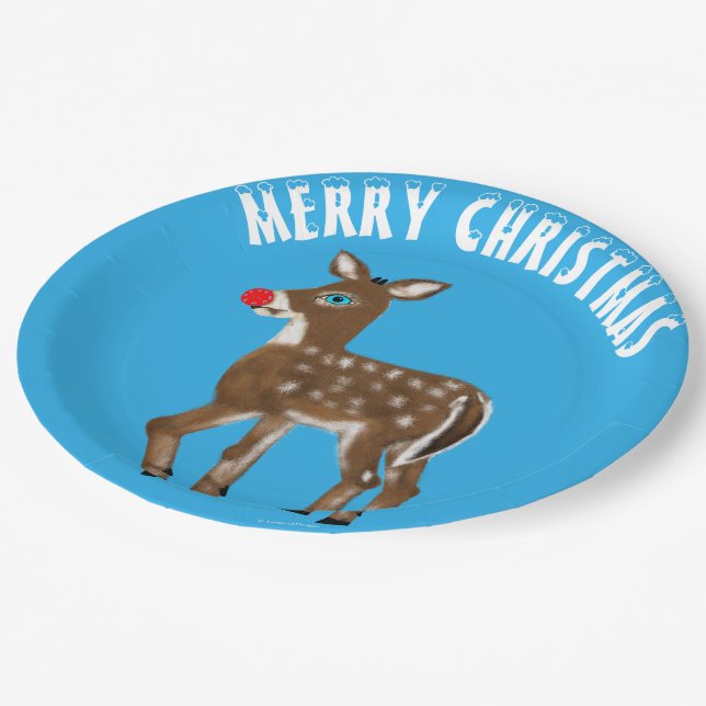 Blue White Christmas Reindeer Paper Plate (Angled)