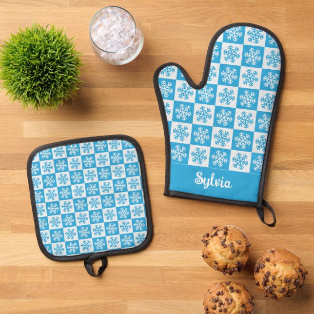 Blue White Christmas Snowflakes Custom Name Oven Mitt & Pot Holder Set (Top Down)