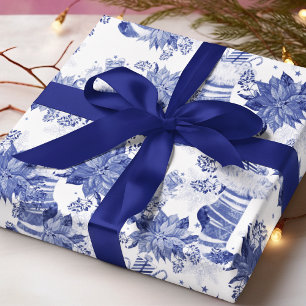 Blue White Christmas Stockings Mittens Floral Wrapping Paper