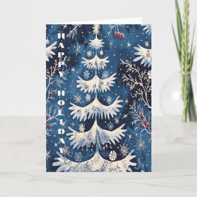 Blue White Christmas Tree Holiday Card (Front)
