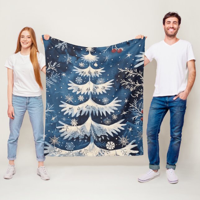 Blue White Christmas Tree Holiday Fleece Blanket (In Situ)