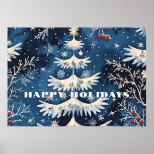 Blue White Christmas Tree Holiday Poster
