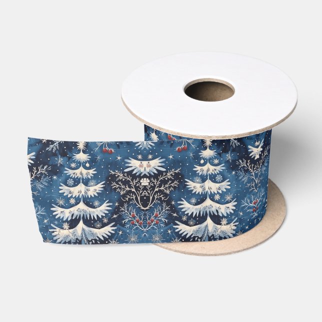 Blue White Christmas Tree Holiday Satin Ribbon (Spool)