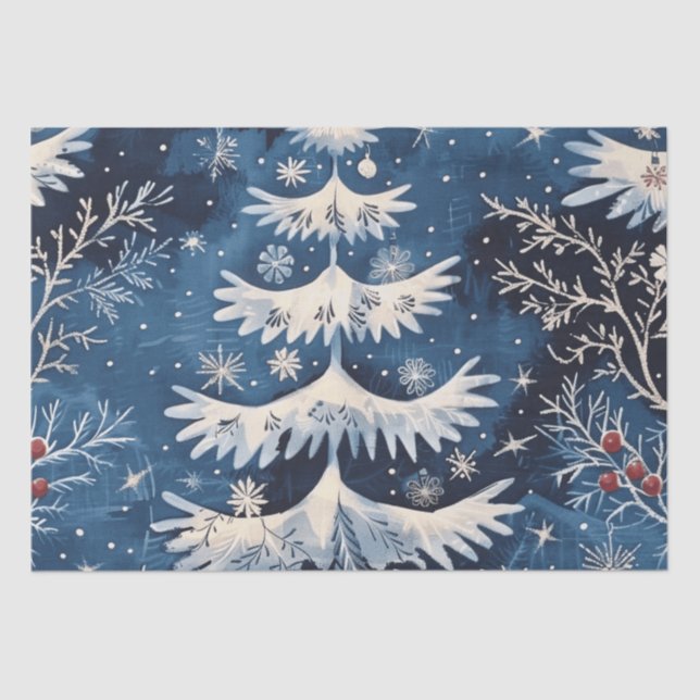 Blue White Christmas Tree Holiday Tissue Paper (Front)