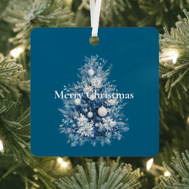 Blue White Christmas Tree Metal Ornament (Insitu)