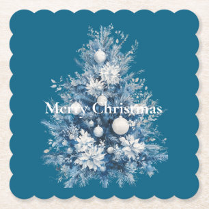 Blue White Christmas Tree Paper Coaster
