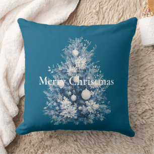 Blue White Christmas Tree Throw Pillow