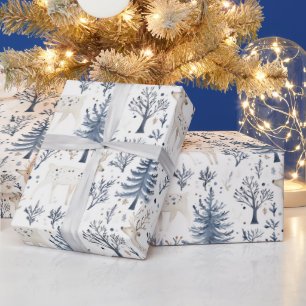 Blue White Christmas Trees Deer Wrapping Paper