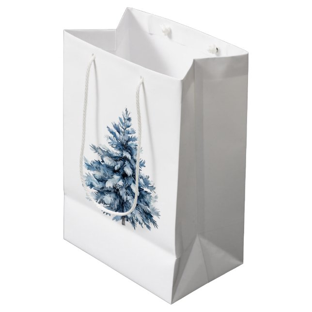Blue White Christmas Trees Medium Gift Bag (Front Angled)