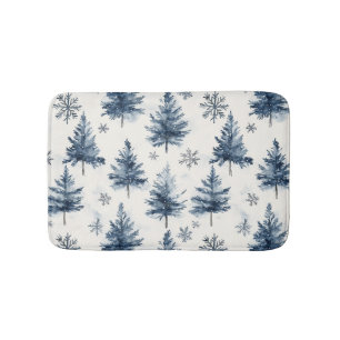 Blue White Christmas Trees Snowflakes Bath Mat
