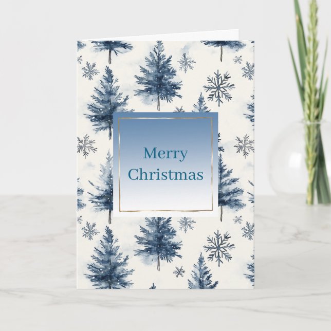 Blue White Christmas Trees Snowflakes	 Card (Front)