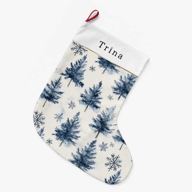 Blue White Christmas Trees Snowflakes Large Christmas Stocking (Front (Hanging))