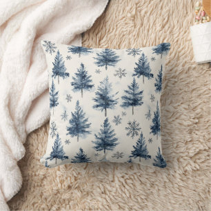 Blue White Christmas Trees Snowflakes Throw Pillow