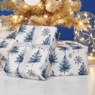 Blue White Christmas Trees Snowflakes Wrapping Paper