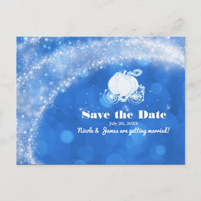Blue & White Cinderella Carriage Wedding Save Date Announcement Postcard (Front)